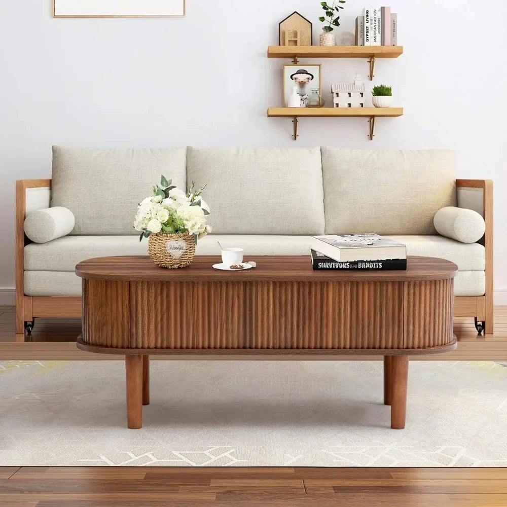 Lift Top Oval Coffee Table – Modern Fluted Wood Center Table with Hidden Storage, Fully Assembled Design