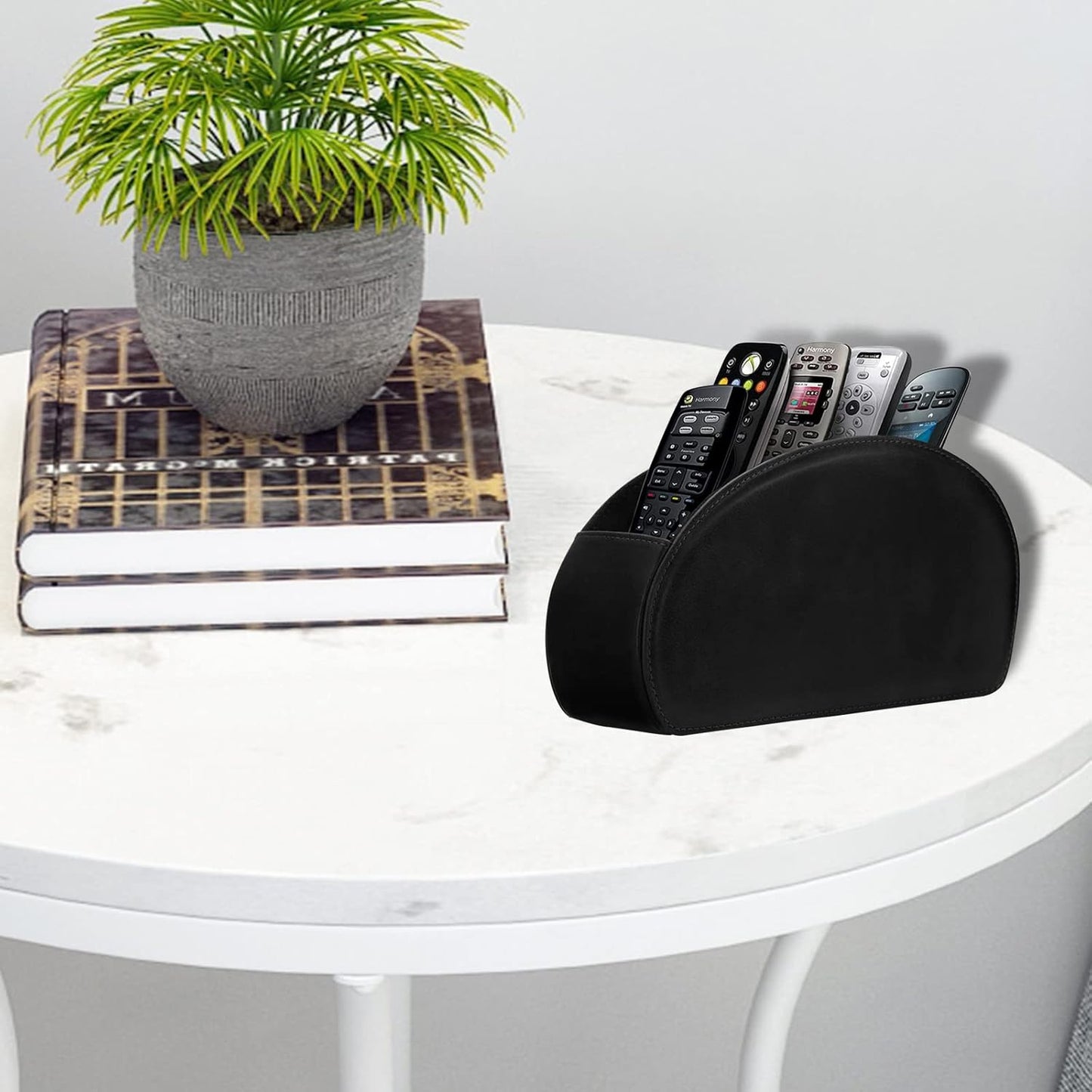 Leather Remote Control Holder – 5 Compartment TV Remote Caddy and Desktop Organizer for Bedside Table or Office Desk