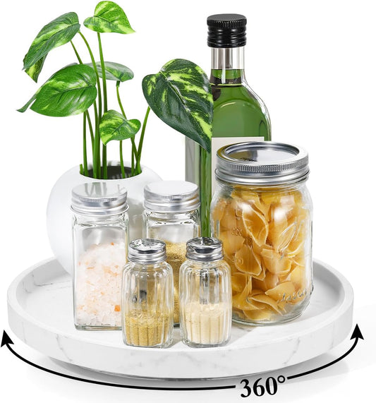 10.6" Marble Lazy Susan Turntable – Rotating Organizer Tray for Kitchen, Bathroom & Dining (Gravel White)