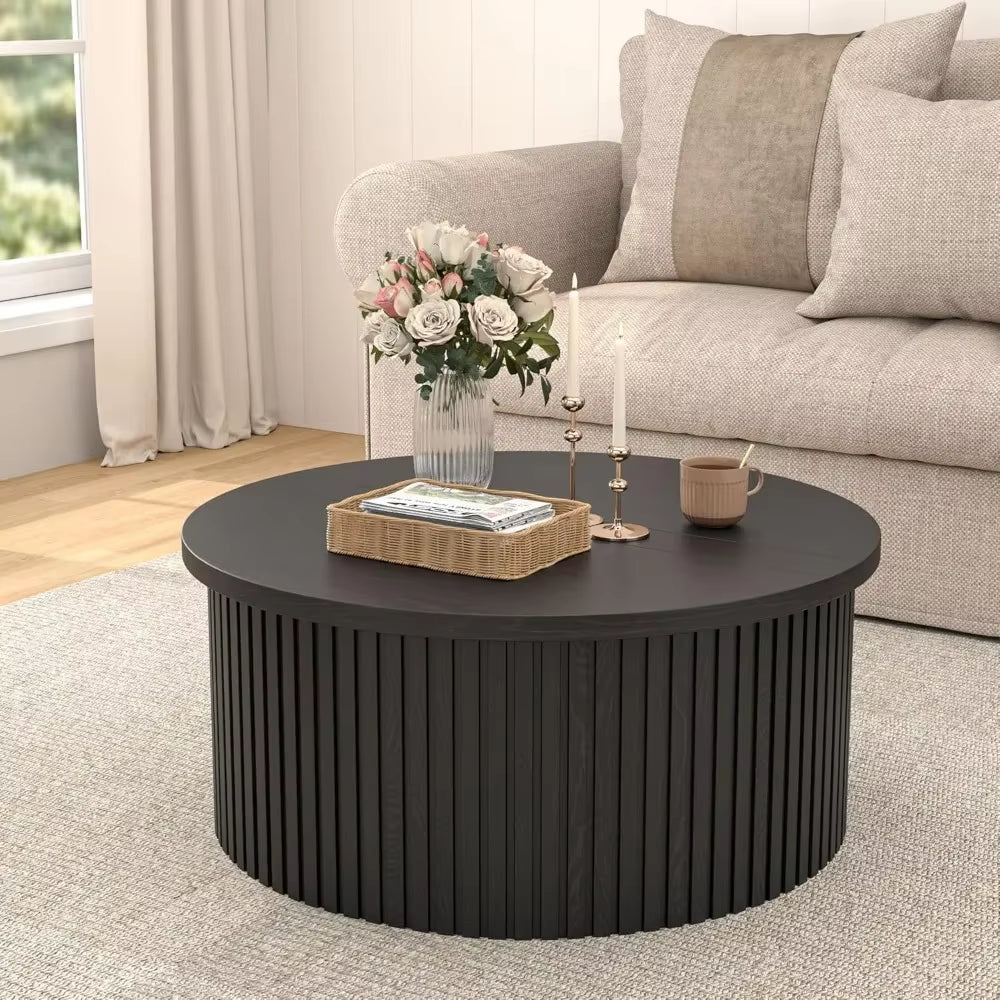 Round Wood Coffee Table with Lift Top Storage – 34.6" Farmhouse Fluted Center Table for Living Room