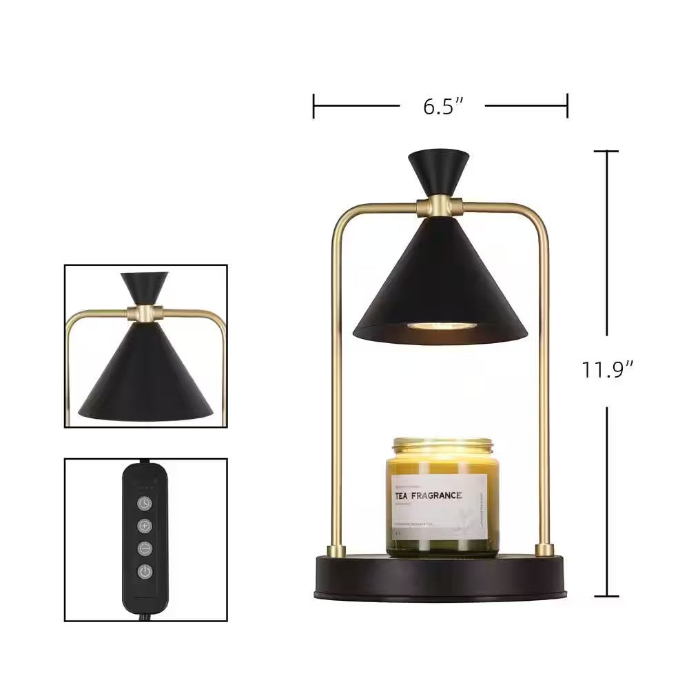 “Modern Black & Gold Candle Warmer Table Lamp – 11.8” with Metal Shade & Timer Option”
