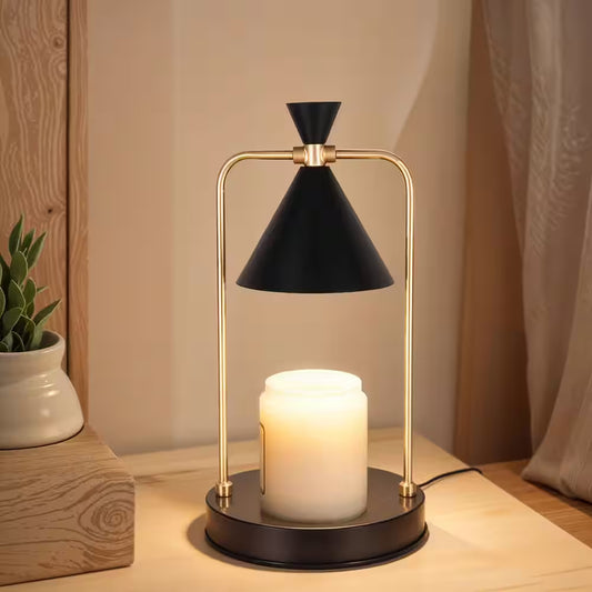 “Modern Black & Gold Candle Warmer Table Lamp – 11.8” with Metal Shade & Timer Option”