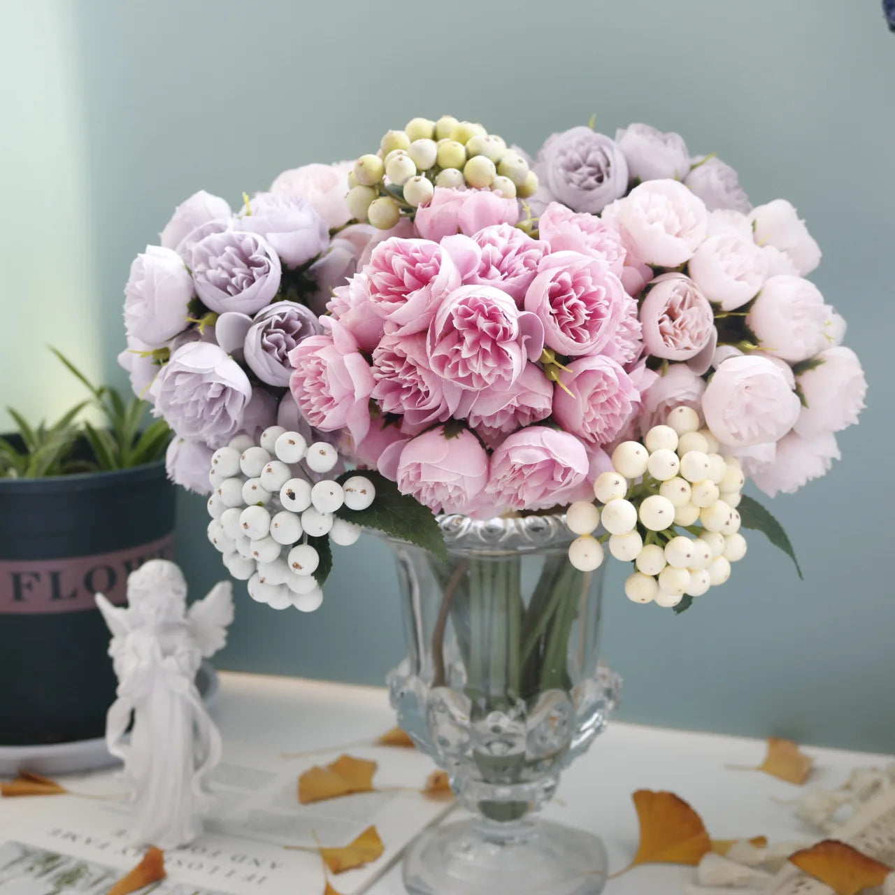 27-Head Artificial Tea Rose Bouquet – Silk Wedding & Home Decor Flowers