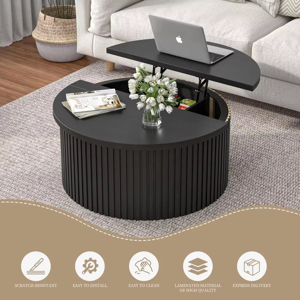 Round Wood Coffee Table with Lift Top Storage – 34.6" Farmhouse Fluted Center Table for Living Room