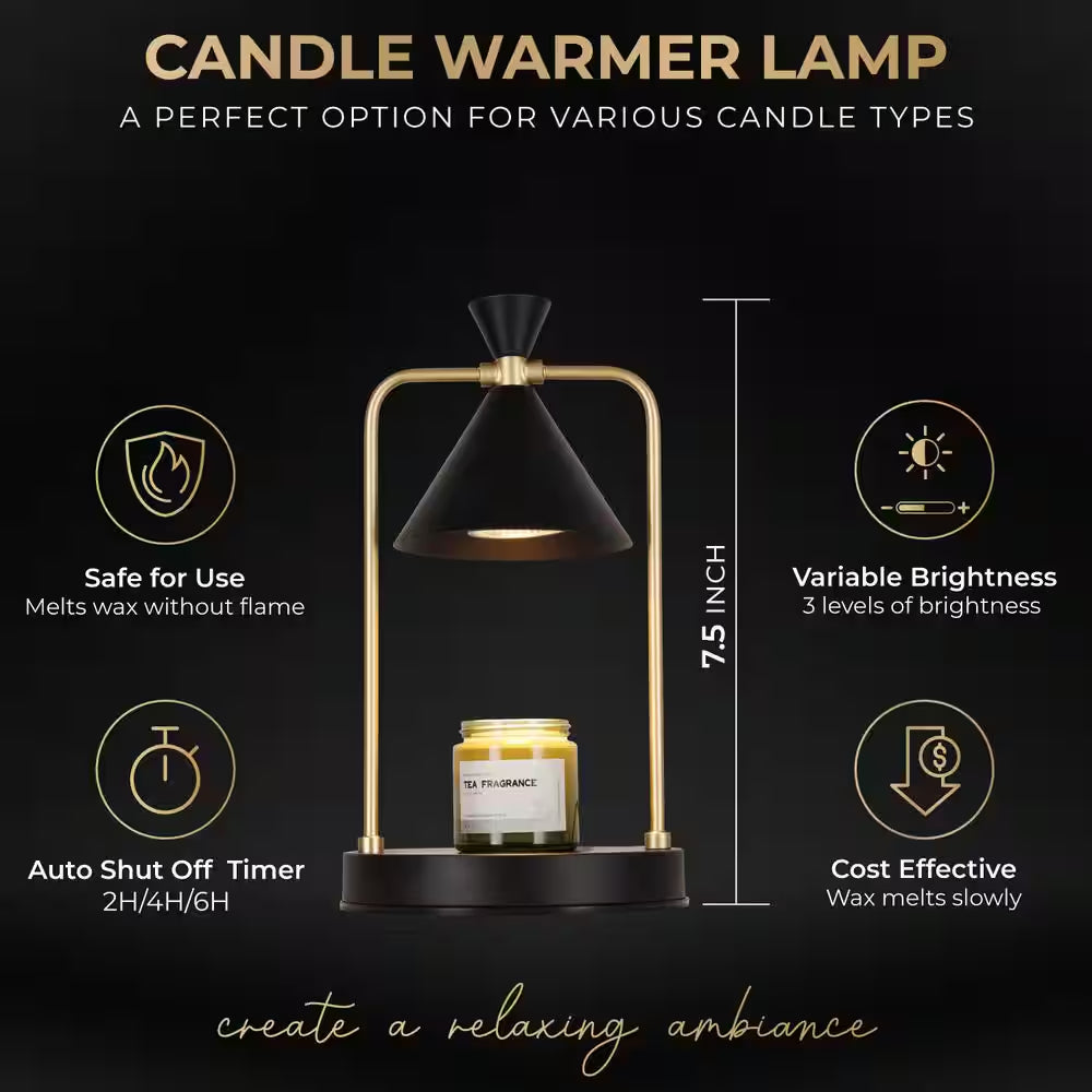 “Modern Black & Gold Candle Warmer Table Lamp – 11.8” with Metal Shade & Timer Option”