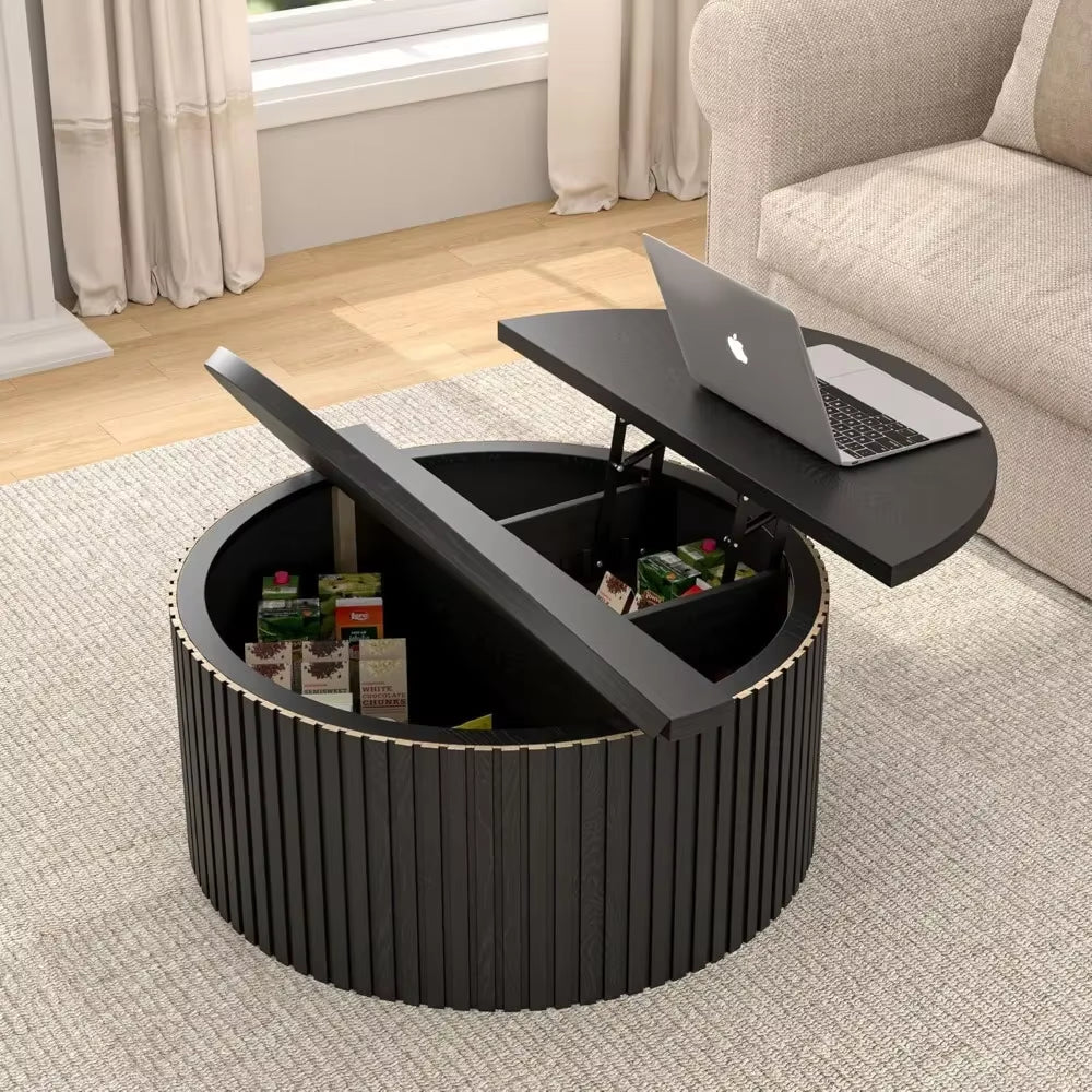 Round Wood Coffee Table with Lift Top Storage – 34.6" Farmhouse Fluted Center Table for Living Room